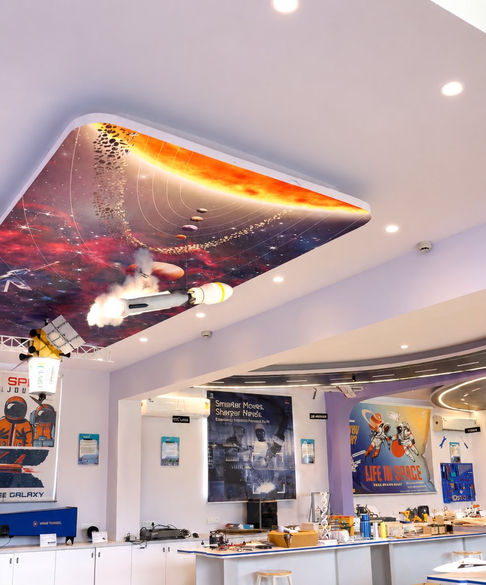 The ceiling: a launch, printed overhead, the Aerobay at Birla Open Minds International School, Bhopal