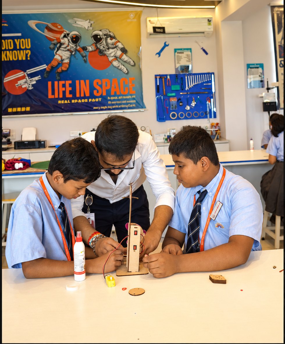 A teacher at the bench, not at the front, the Aerobay at Birla Open Minds International School, Bhopal