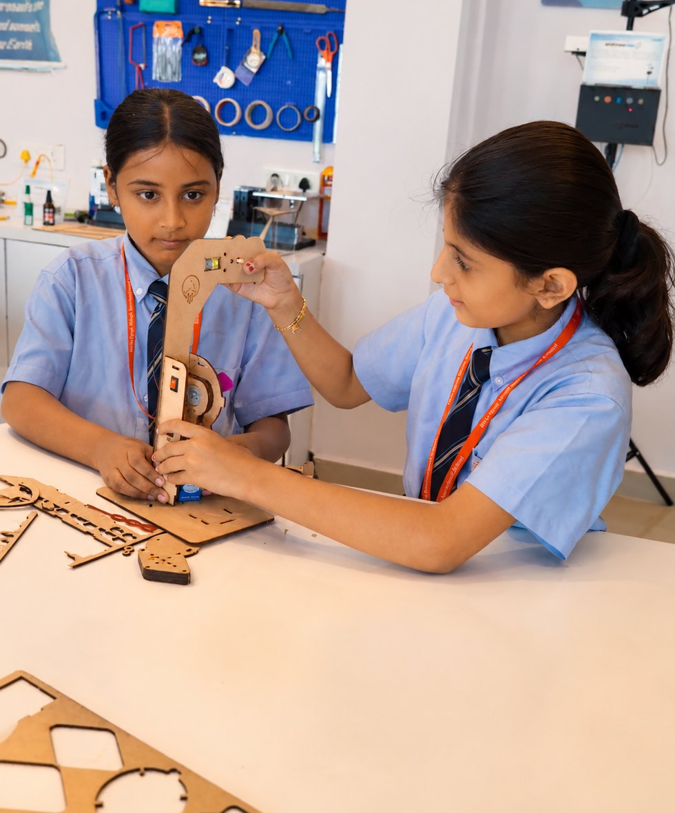 A mechanical arm, and the tool wall behind it, the Aerobay at Birla Open Minds International School, Bhopal