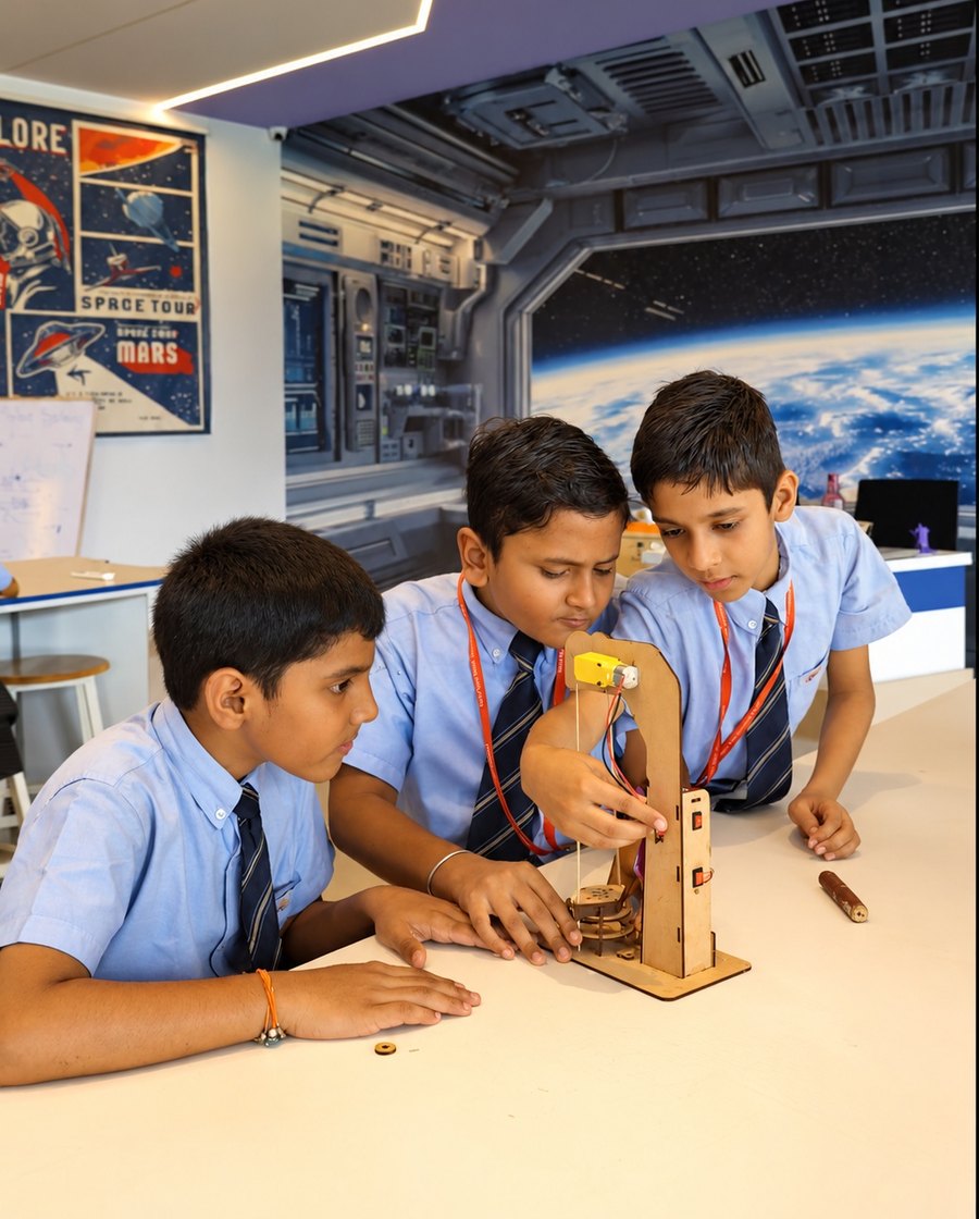 A wooden model, mid-build, the Aerobay at Birla Open Minds International School, Bhopal