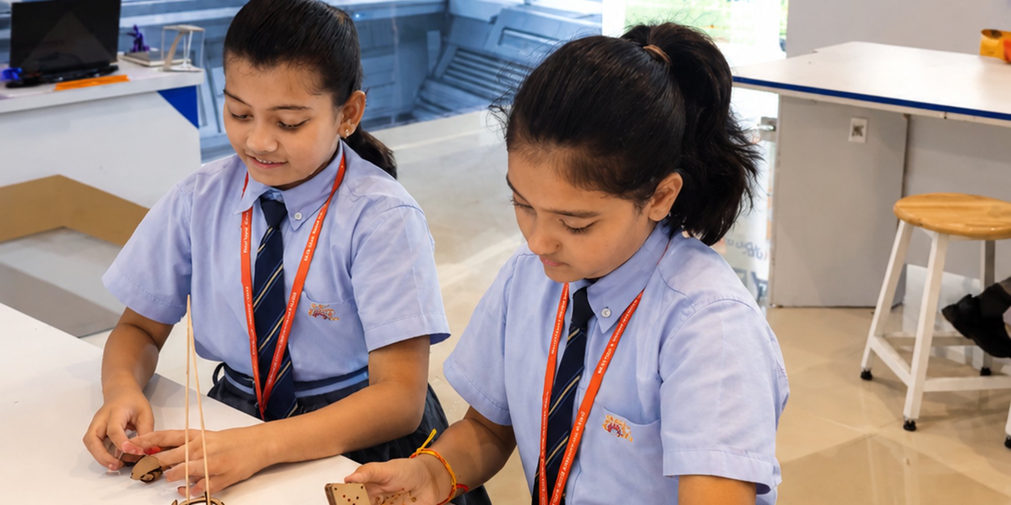 Earth on the wall screen, work on the bench, the Aerobay at Birla Open Minds International School, Bhopal