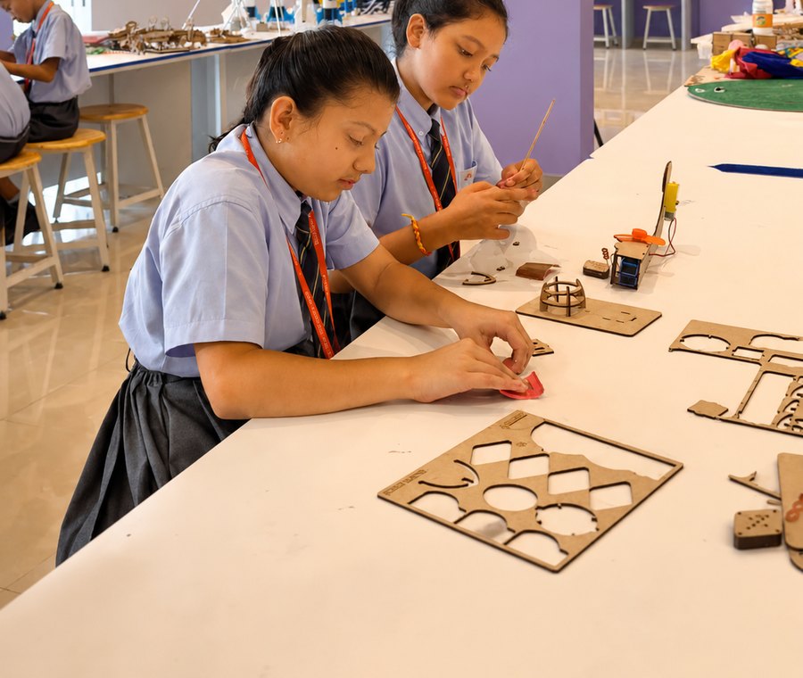 Laser-cut plywood, parts still in the sheet, the Aerobay at Birla Open Minds International School, Bhopal