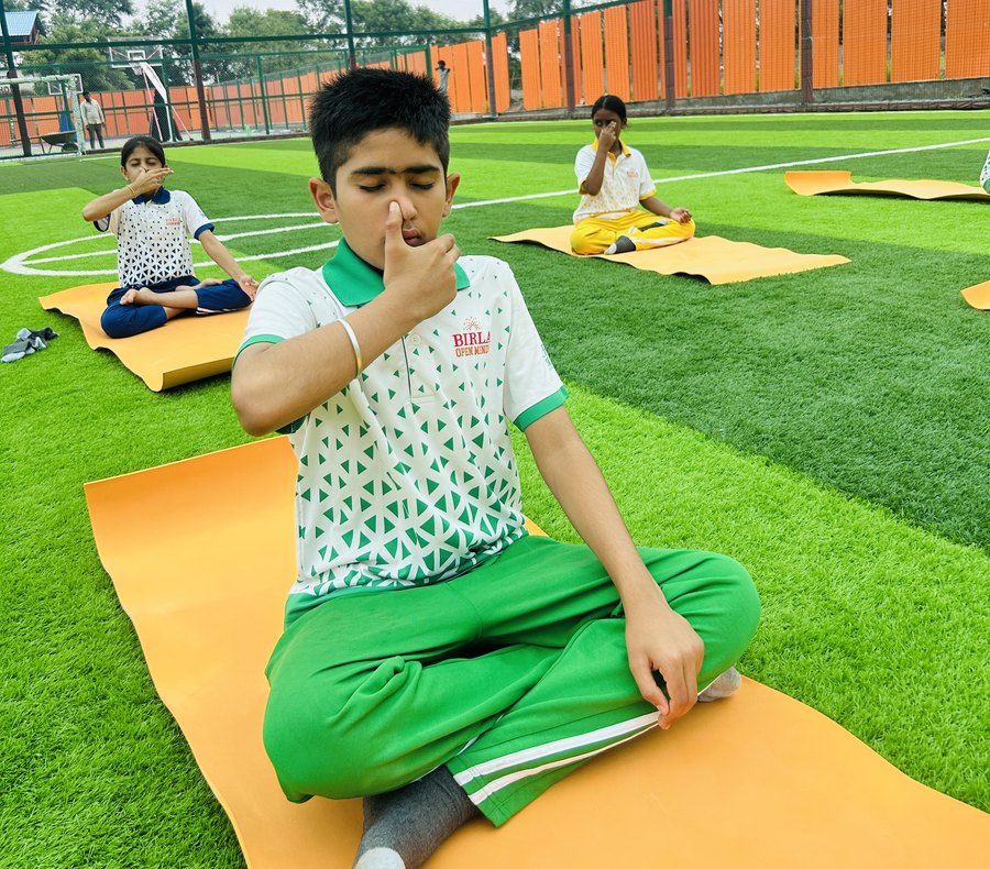 Pranayama, held for as long as it takes at Birla Open Minds International School, Bhopal