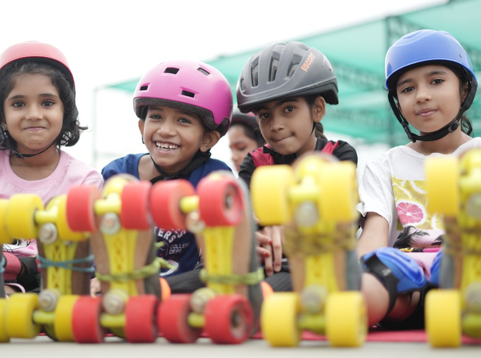 Skates lined up before a heat, The Rising Stars Championship at Birla Open Minds International School, Bhopal