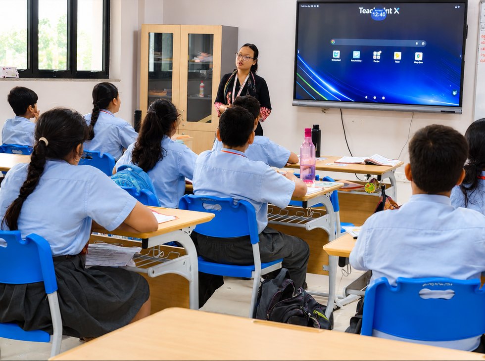 The interactive panel, used as a shared surface rather than a screen at Birla Open Minds International School, Bhopal