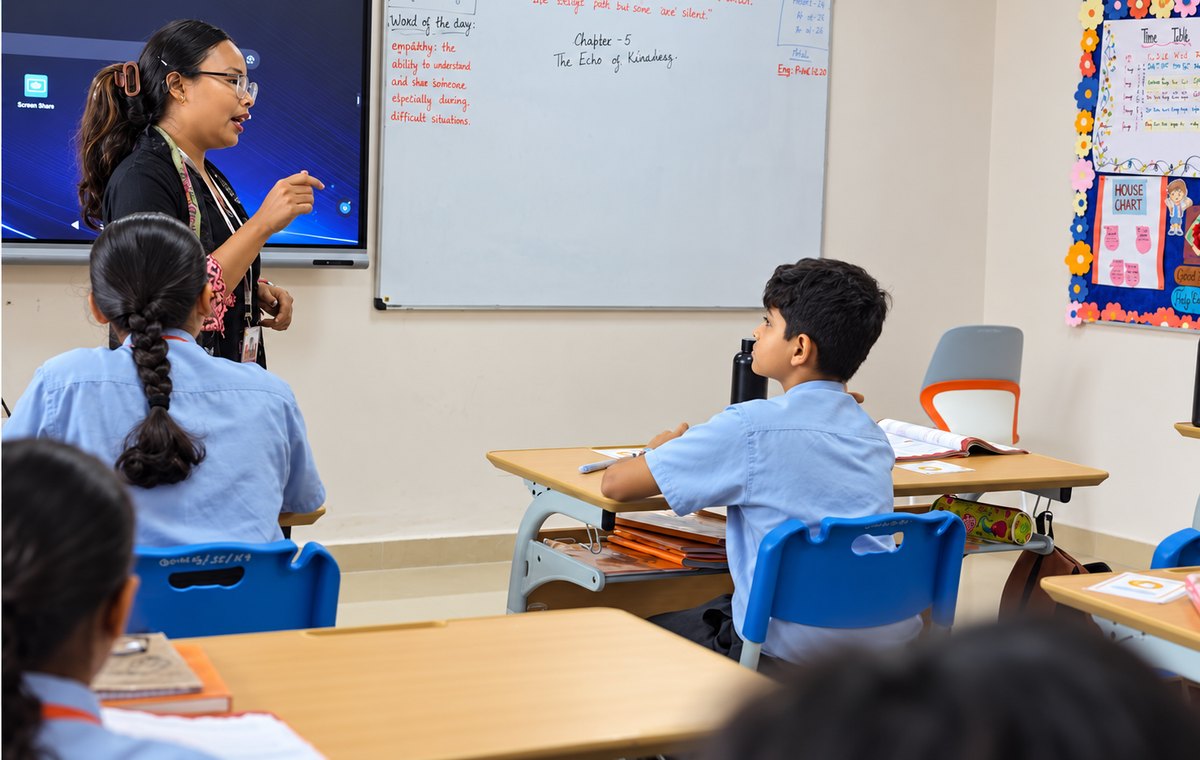 A classroom, ready for the morning at Birla Open Minds International School, Bhopal