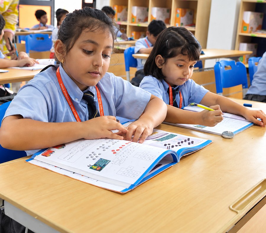 At the desk, with the reader open at Birla Open Minds International School, Bhopal